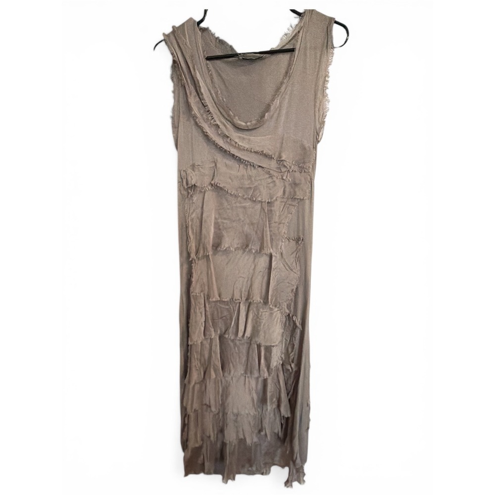 Meo Meli Italy Taupe Silk Layered Raw Edge Ruffle Sleeveless Midi Dress Womens